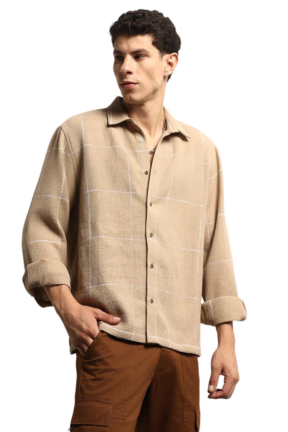Hubberholme Men Summer Cotton Spread Collar Long Sleeves Oversized Casual Shirt 36 Beige