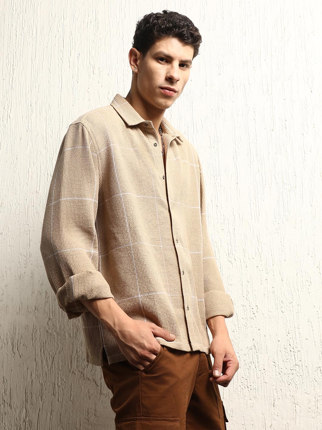 Hubberholme Men Summer Cotton Spread Collar Long Sleeves Oversized Casual Shirt 36 Beige