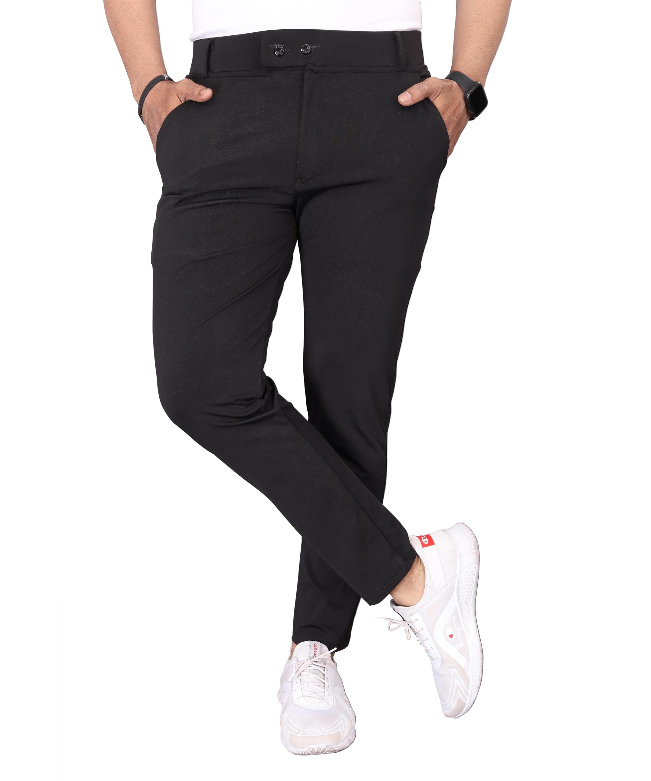 Mehrang Men's Slim Fit Casual Mid Rise Trousers, Cotton Blend, Side Pockets (in, Numeric, 32, Regular, Black)