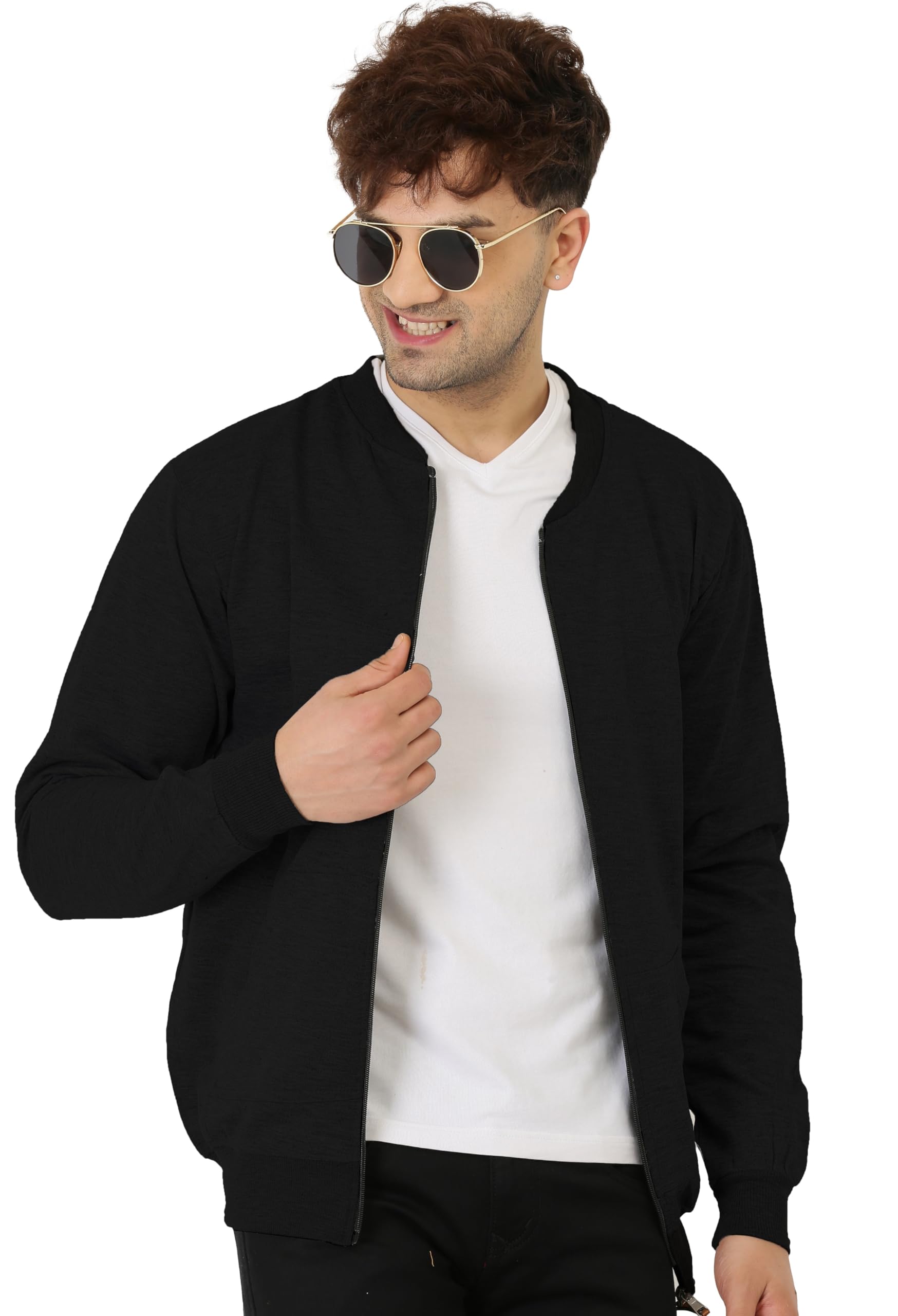LEOTUDE Men's Loopknit Full Sleeve Regular Fit Bomber Jacket (JKT02_MSTD_P_Black_2XL)