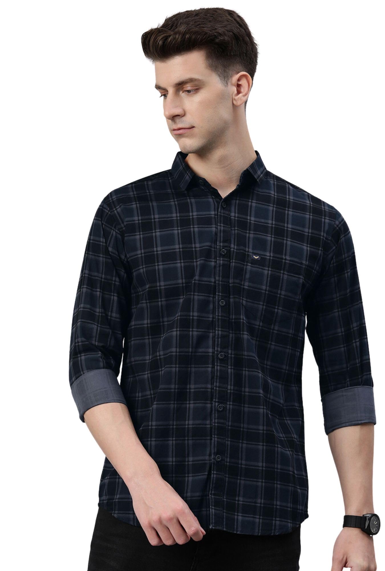Majestic Man Men Small Checkered Slim Fit Cotton Casual Shirt (Medium, Charcoal Grey)