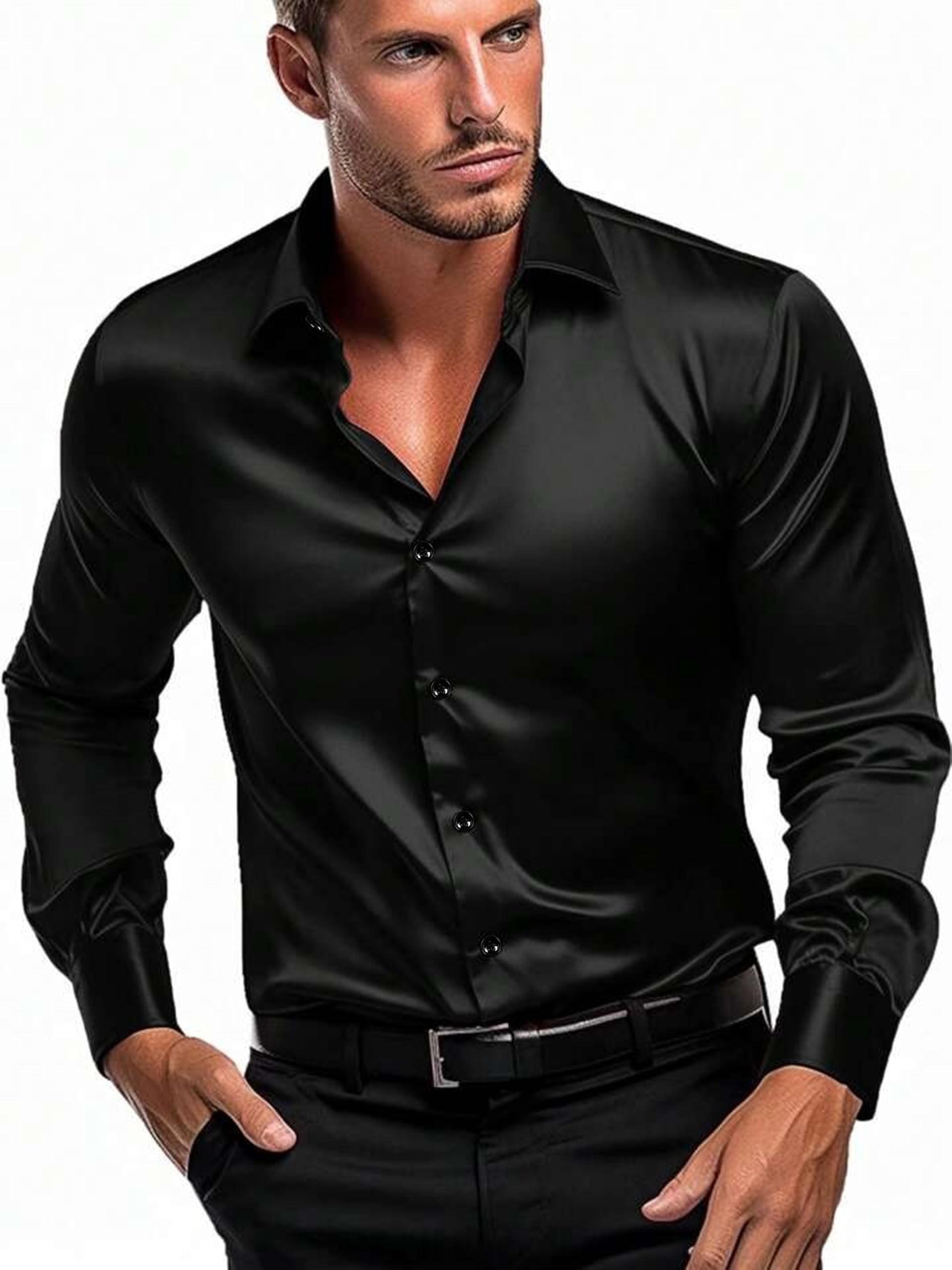 IndoPrimo Men's Classic fit Plain Satin Casual Shirt for Men Full Sleeve (in, Alpha, 2XL, Black)