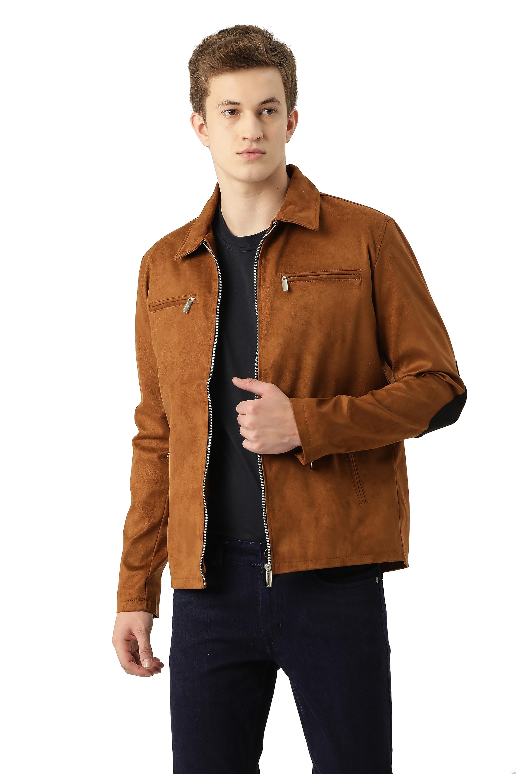 Leather Retail Brown Suede Faux Leather Standard Length Jacket For Men's(L)