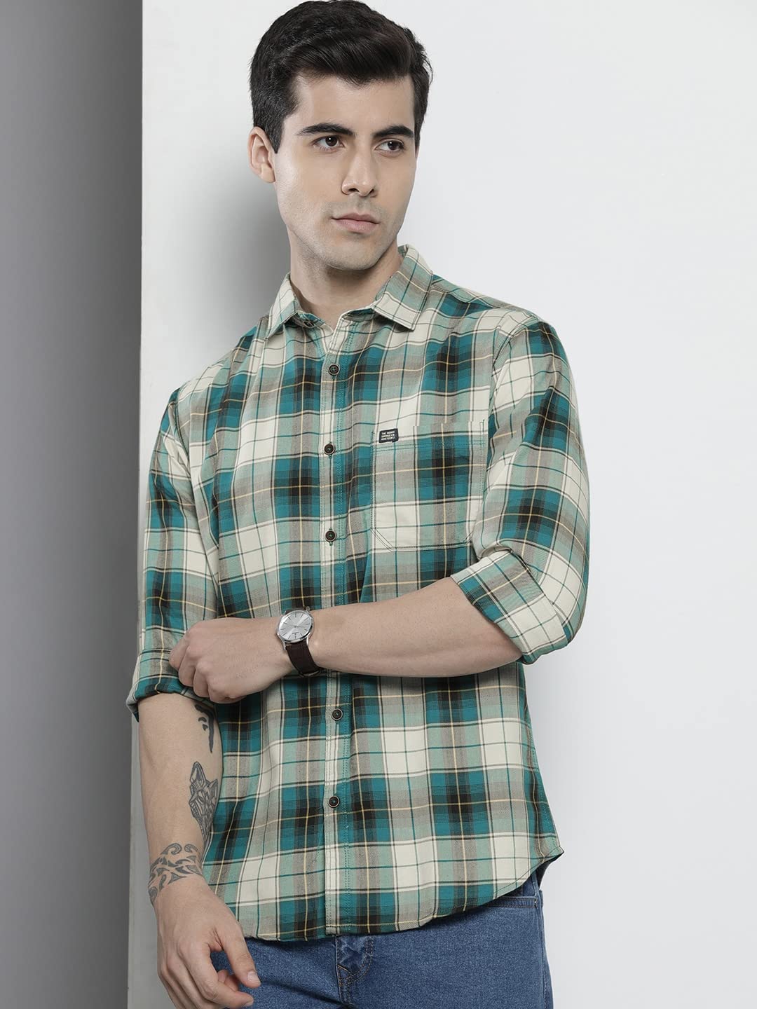 The Indian Garage Co Men's Checkered Slim Fit Shirt (1221-SH151-32_Green & White S)