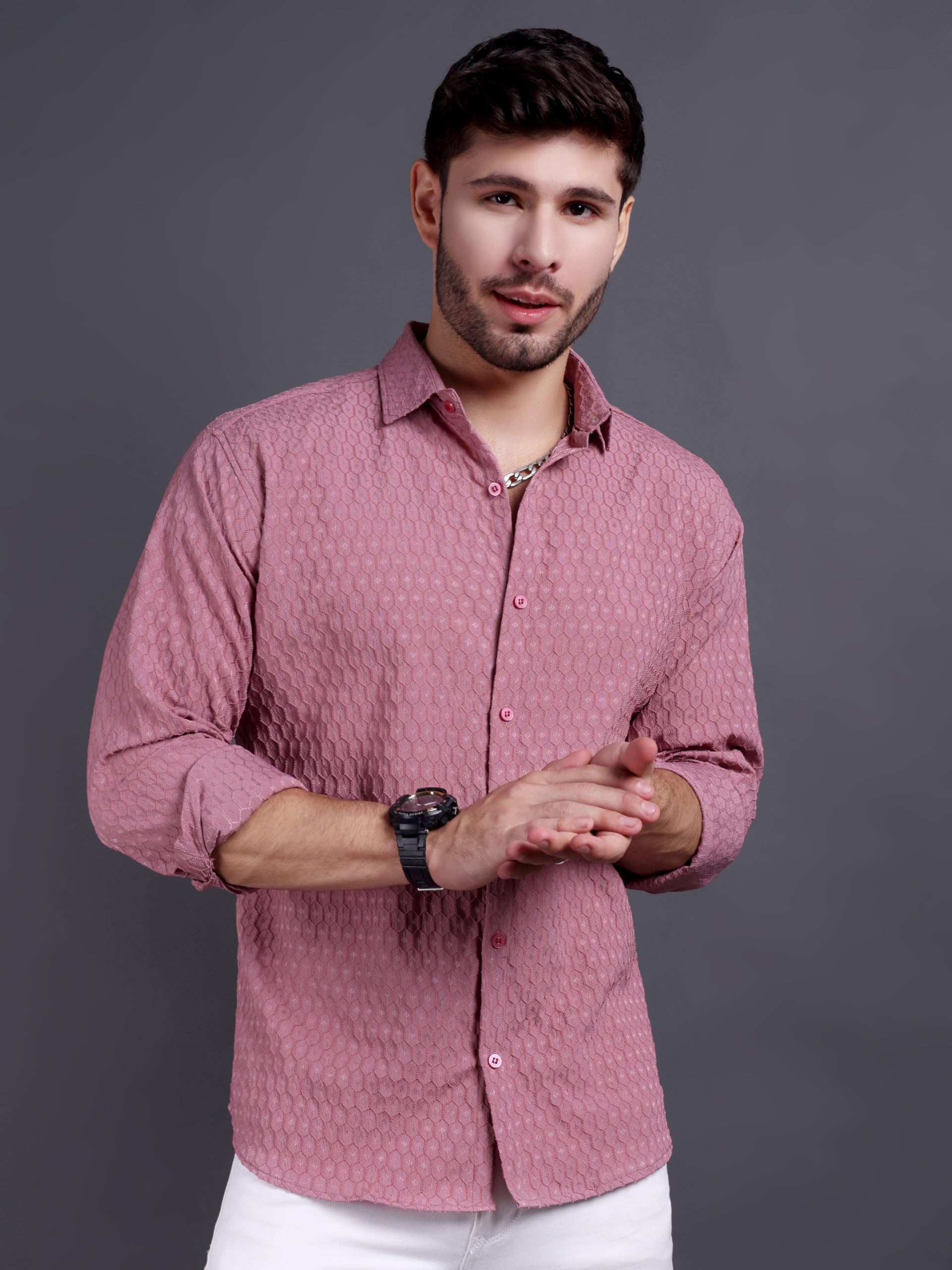 TAGAS Men's Regular Fit Shirt (MS-Hexa-Pink-M