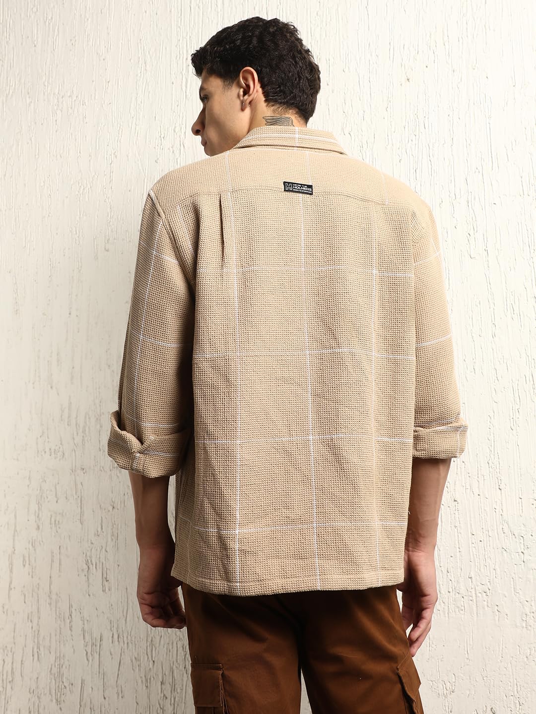 Hubberholme Men Summer Cotton Spread Collar Long Sleeves Oversized Casual Shirt 36 Beige