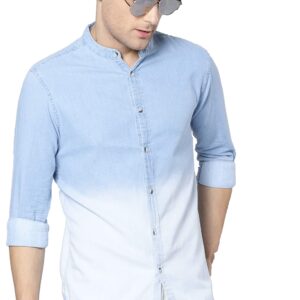 Dennis Lingo Men's Cotton Full Sleeves Cotton Denim Solid Casual Shirt with Mandarin Collar (Light Blue, M)