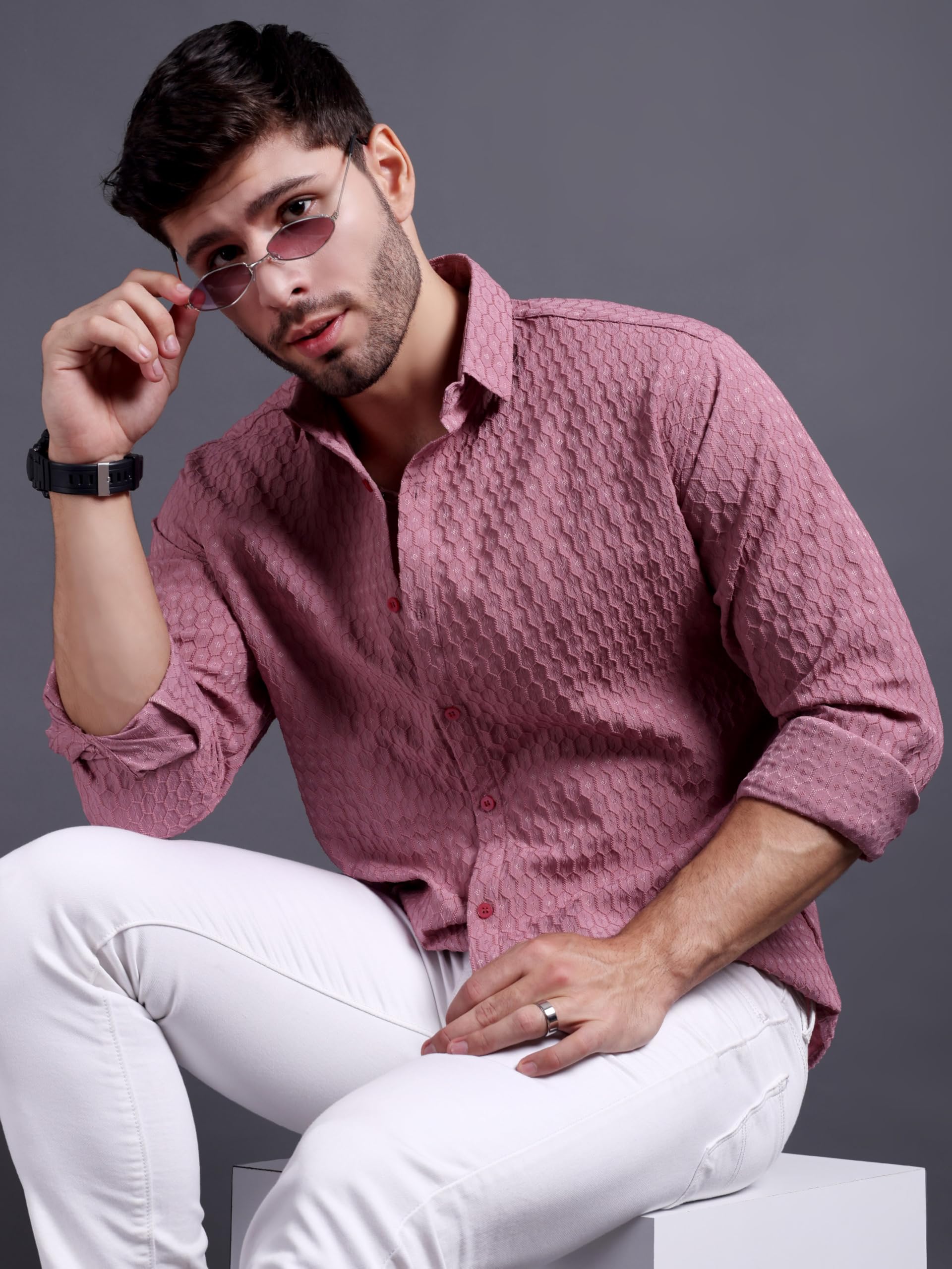 TAGAS Men's Regular Fit Shirt (MS-Hexa-Pink-M