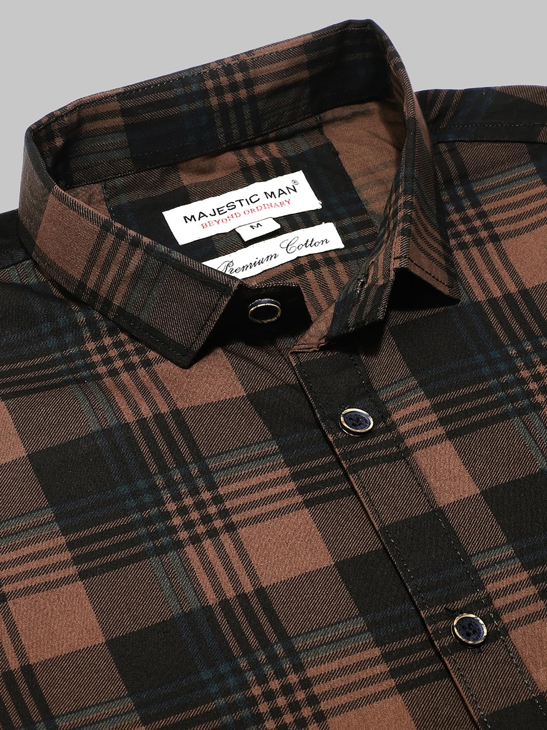 Majestic Man Comfort Cotton Slim Fit Checked Casual Shirt for Men (Brown, Medium)