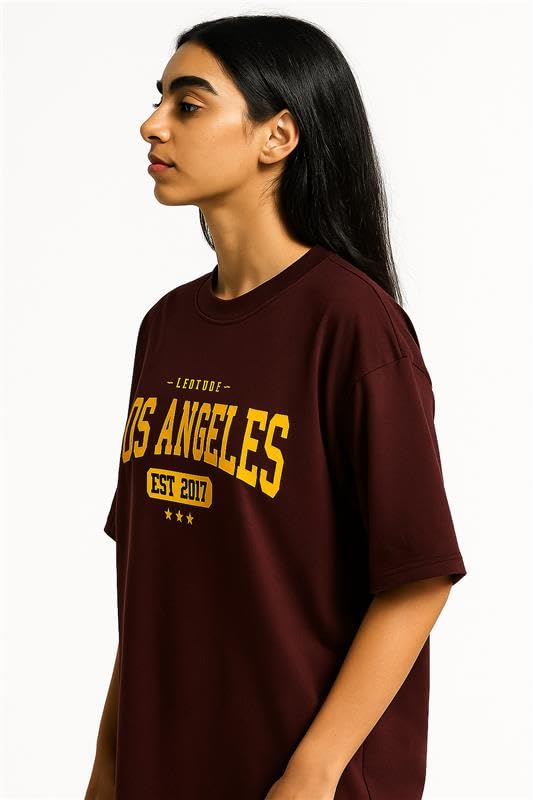 LEOTUDE Women's Cottonblend Half Sleeve Round Neck Oversized Fit Tshirt (Fs49_Brwn_Losangl_P_Brown_S)