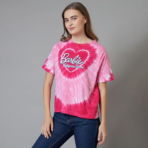Free Authority Official Barbie Merchandise Women's Graphic Printed Pink Relaxed Fit Half Sleeve Round Neck Cotton T-Shirt