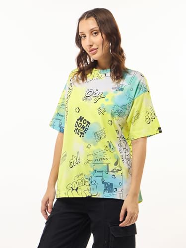 Bewakoof Women's All Over Printed Oversized Fit Half Sleeve Round Neck Cotton Jersey T-Shirt_627770_Yellow_M