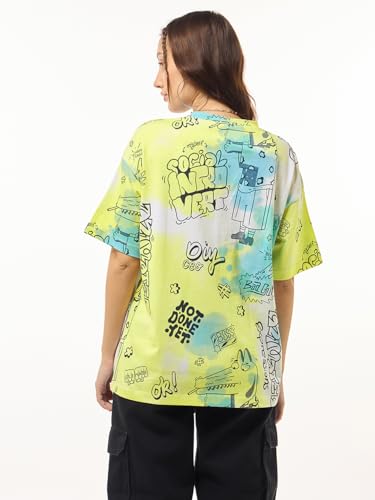Bewakoof Women's All Over Printed Oversized Fit Half Sleeve Round Neck Cotton Jersey T-Shirt_627770_Yellow_M