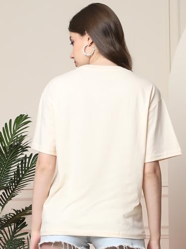 Fabflee Pure Cotton Oversized Baggy Fit Drop Shoulder Latest Aesthetic & Cool Graphic Printed Half Sleeve Tshirt for Women |Trendy Tees |Casual Loose Korean T-Shirt, Cream & Sky Blue, M