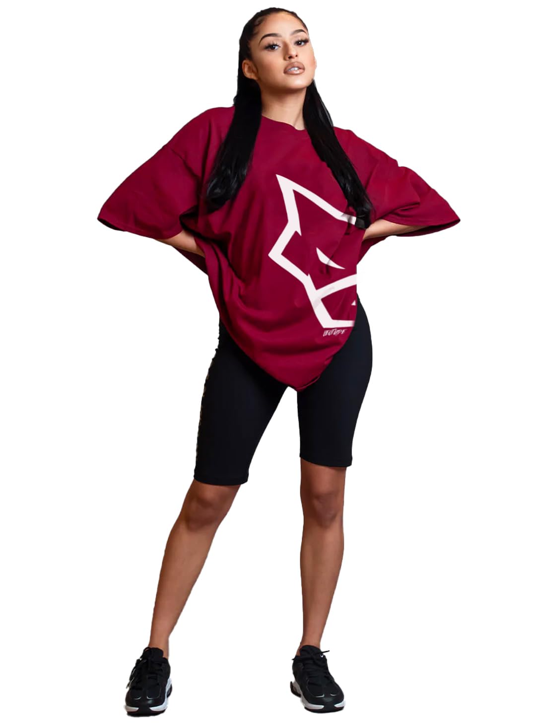 LEOTUDE Women's Cottonblend Oversized Round Neck T-Shirts (GRL_FS49_MRN_Wolf_P_Maroon_3XL)