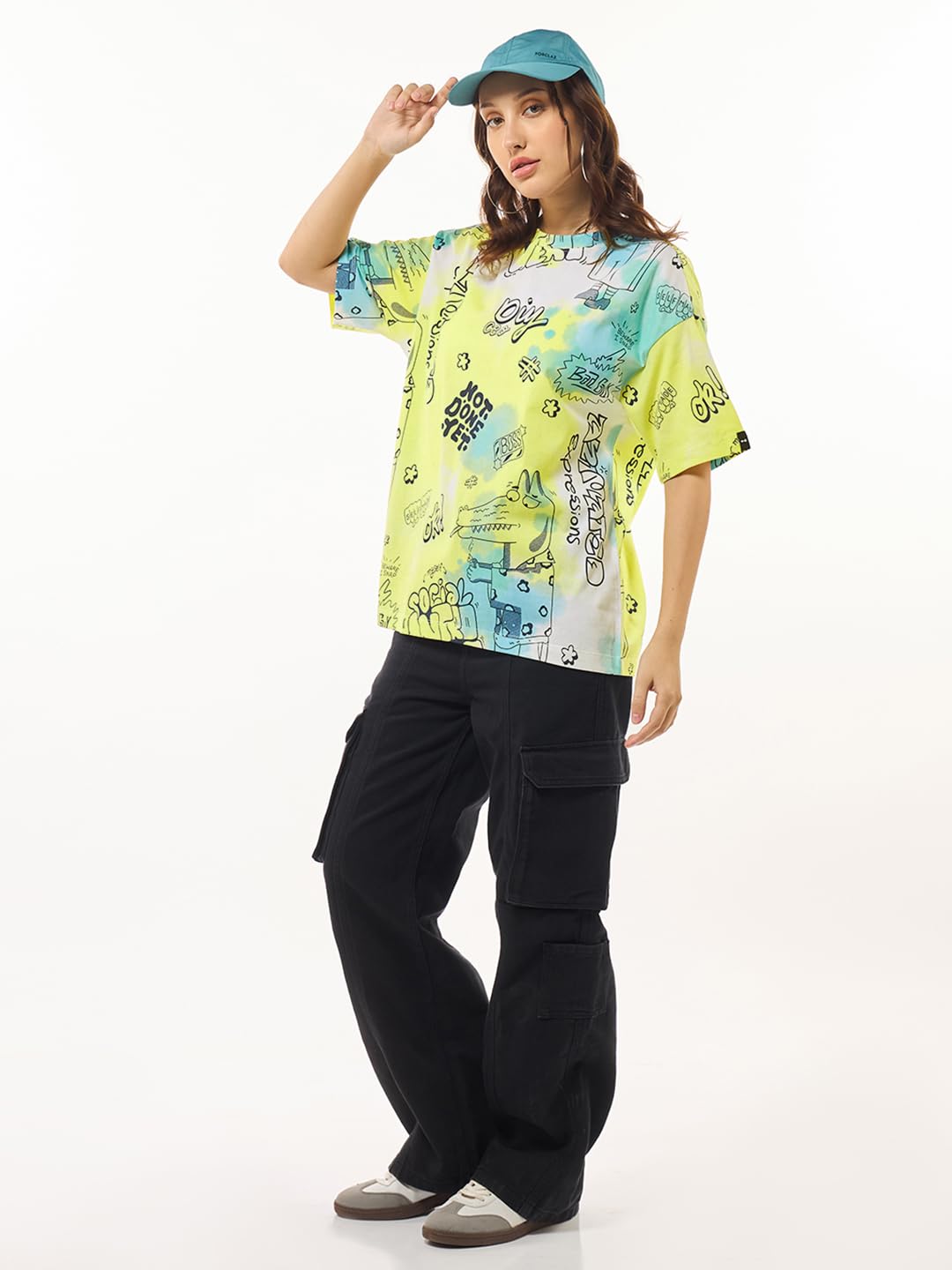 Bewakoof Women's All Over Printed Oversized Fit Half Sleeve Round Neck Cotton Jersey T-Shirt_627770_Yellow_M