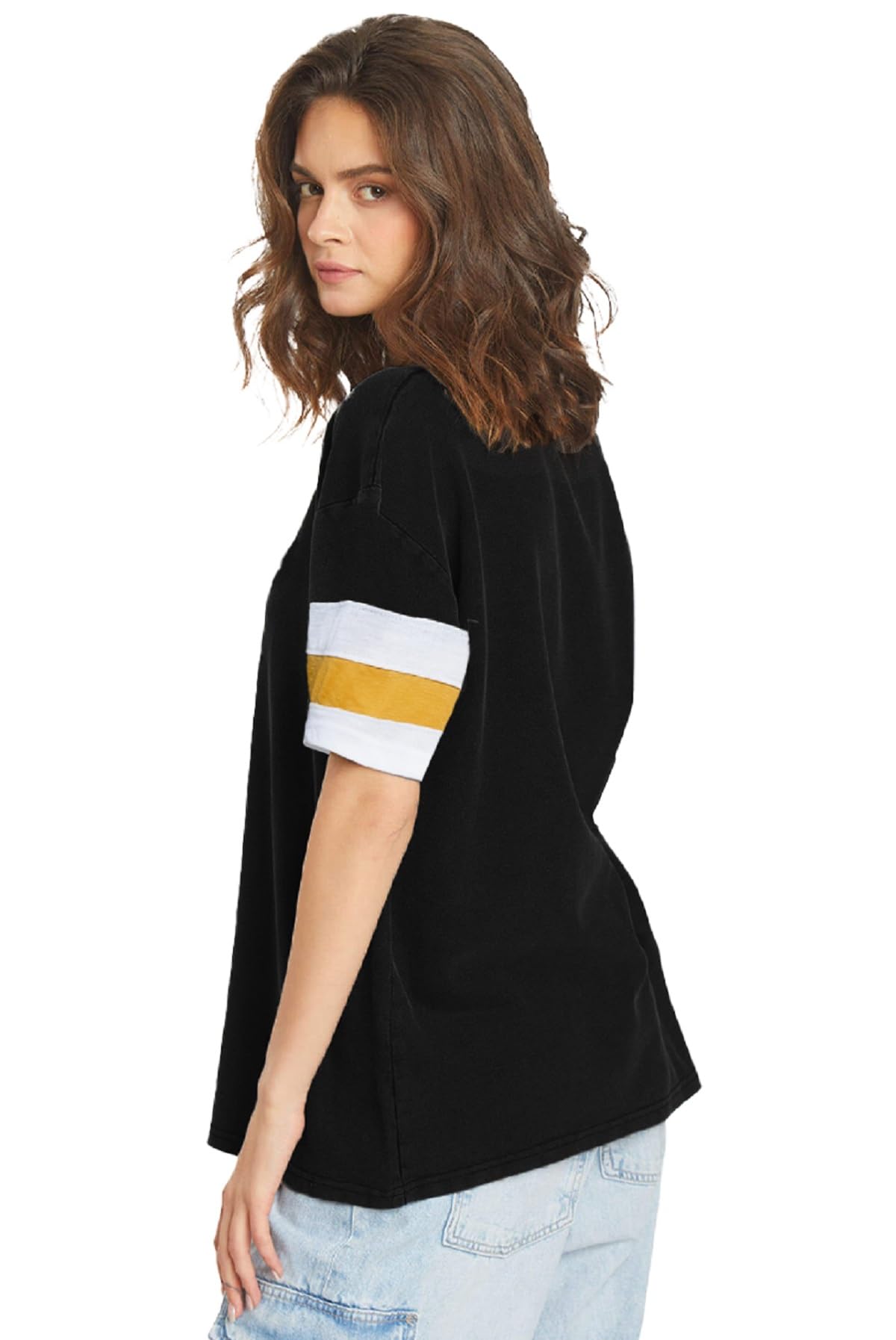 LEOTUDE Women's Oversized Cottonblend Round Neck Half Sleeve T-Shirt (FS28_BlkWht_P_Zblack_M)