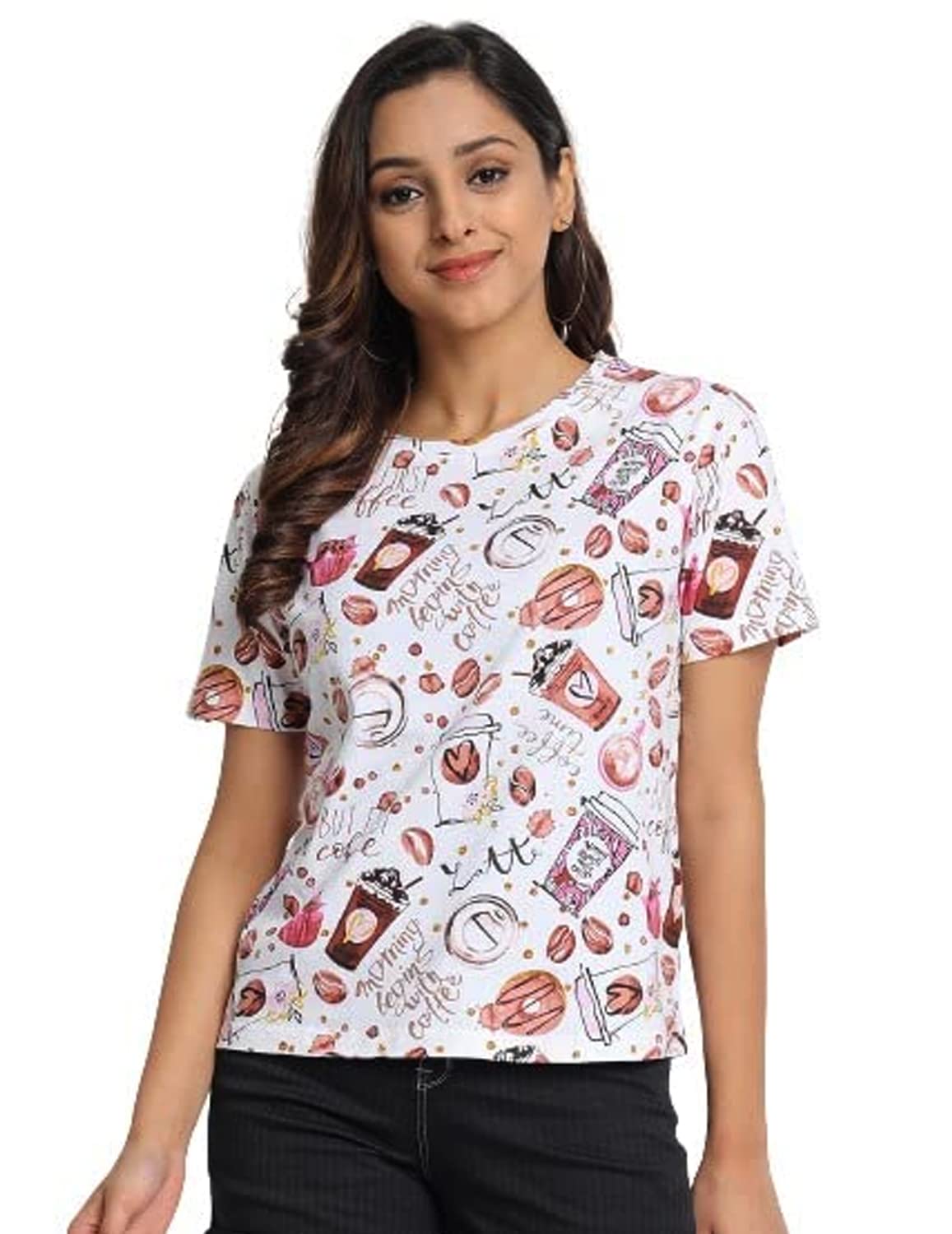 JUNEBERRY White Cotton Round-Neck T-Shirt with Conversational Print or Women