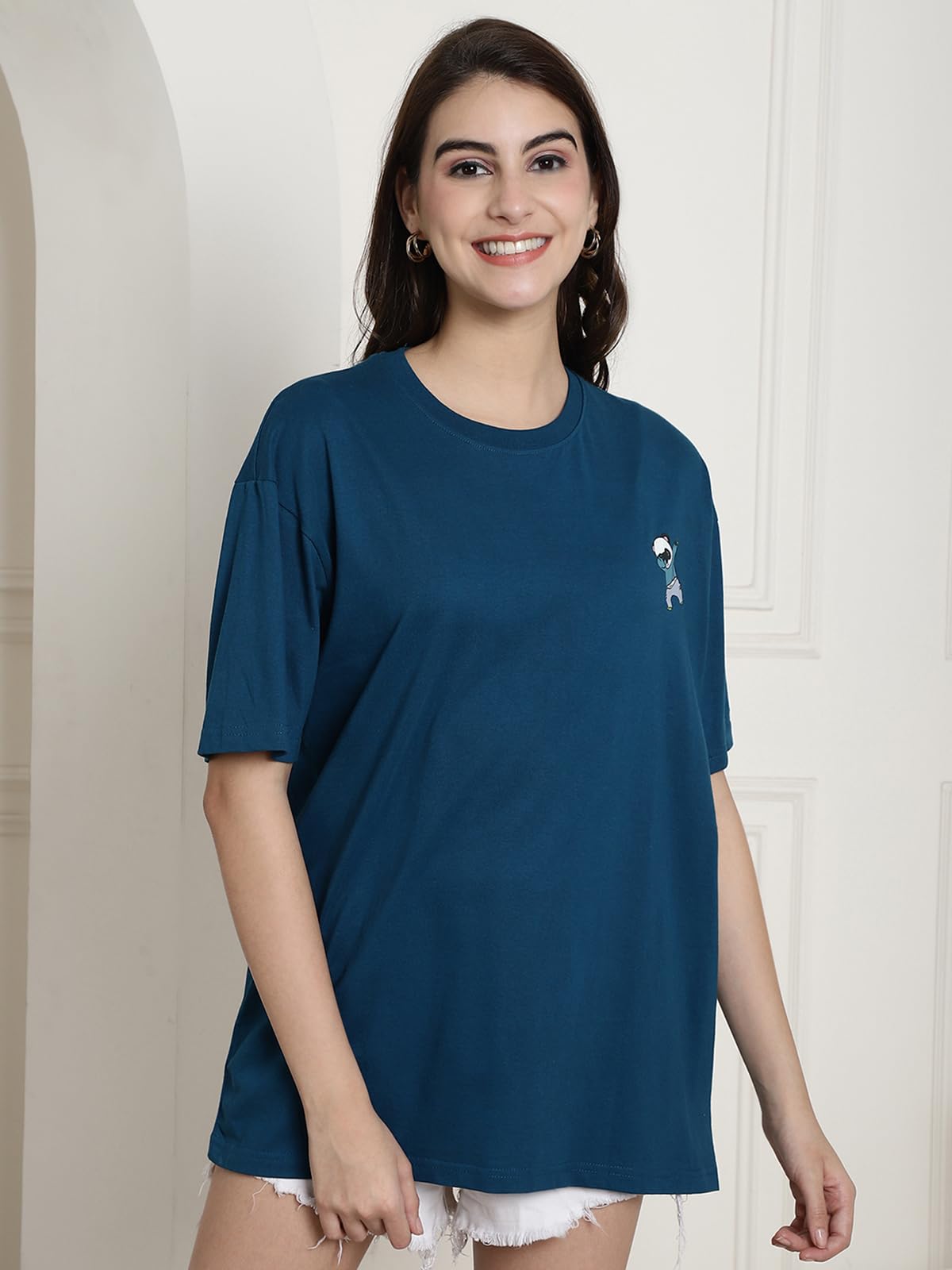 Fabflee Pure Cotton Oversized Baggy Fit Drop Shoulder Latest Aesthetic & Cool Graphic Printed Half Sleeve Tshirt for Women |Trendy Tees |Casual Loose Korean T-Shirt, Dark Green, S