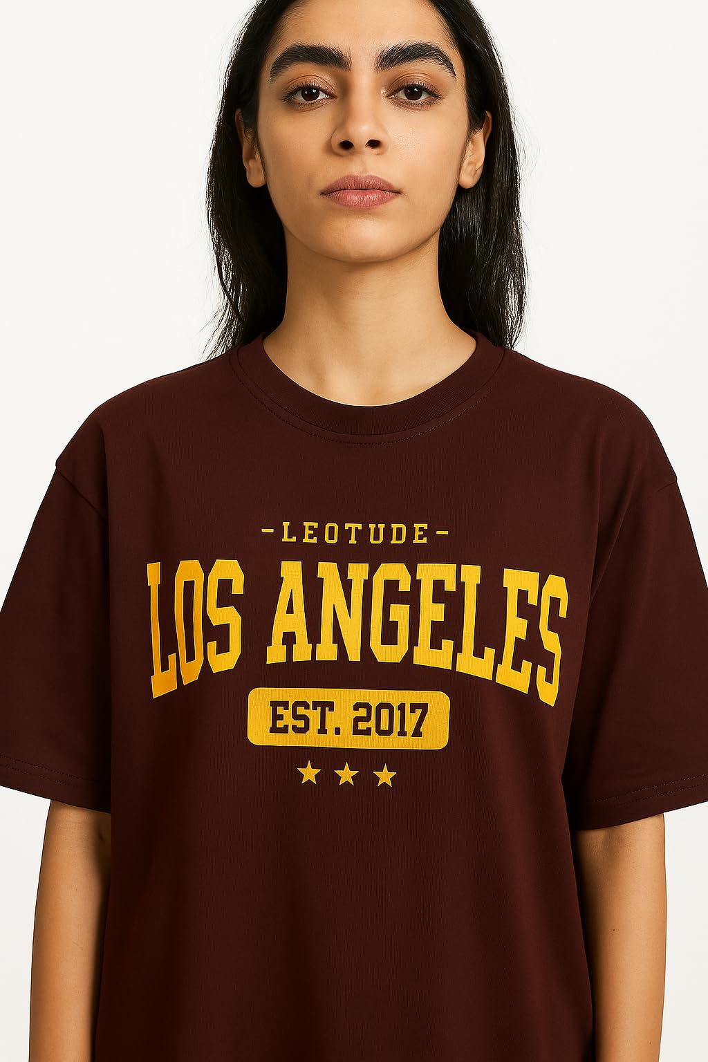 LEOTUDE Women's Cottonblend Half Sleeve Round Neck Oversized Fit Tshirt (Fs49_Brwn_Losangl_P_Brown_S)