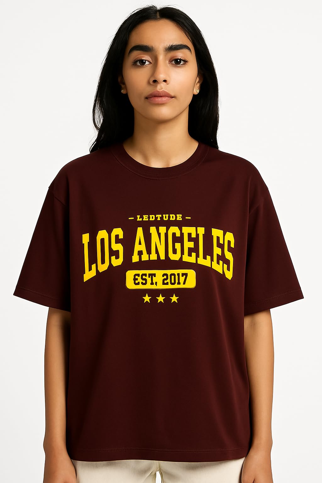 LEOTUDE Women's Cottonblend Half Sleeve Round Neck Oversized Fit Tshirt (Fs49_Brwn_Losangl_P_Brown_S)