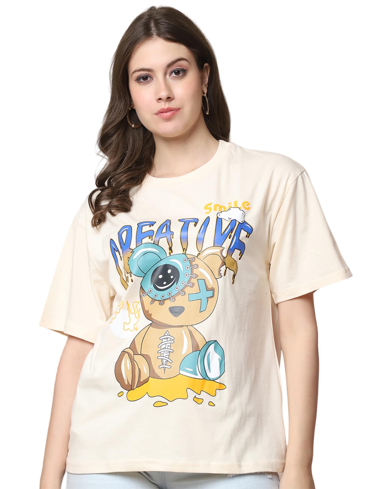 Fabflee Pure Cotton Oversized Baggy Fit Drop Shoulder Latest Aesthetic & Cool Graphic Printed Half Sleeve Tshirt for Women |Trendy Tees |Casual Loose Korean T-Shirt, Cream & Sky Blue, M