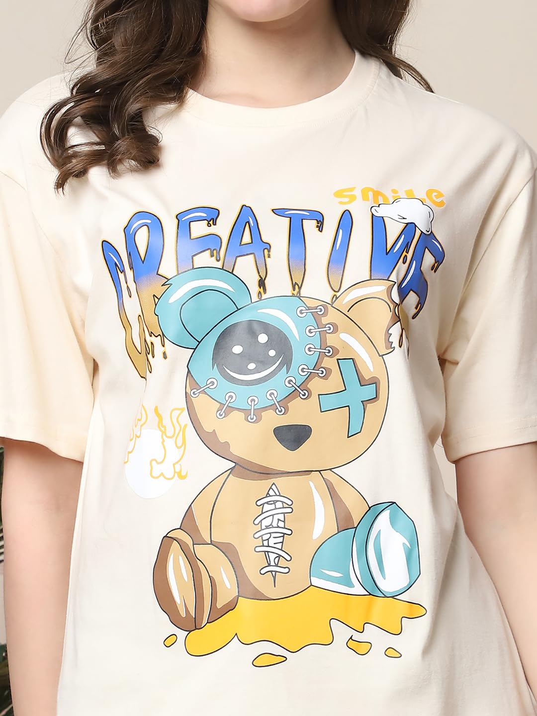 Fabflee Pure Cotton Oversized Baggy Fit Drop Shoulder Latest Aesthetic & Cool Graphic Printed Half Sleeve Tshirt for Women |Trendy Tees |Casual Loose Korean T-Shirt, Cream & Sky Blue, M