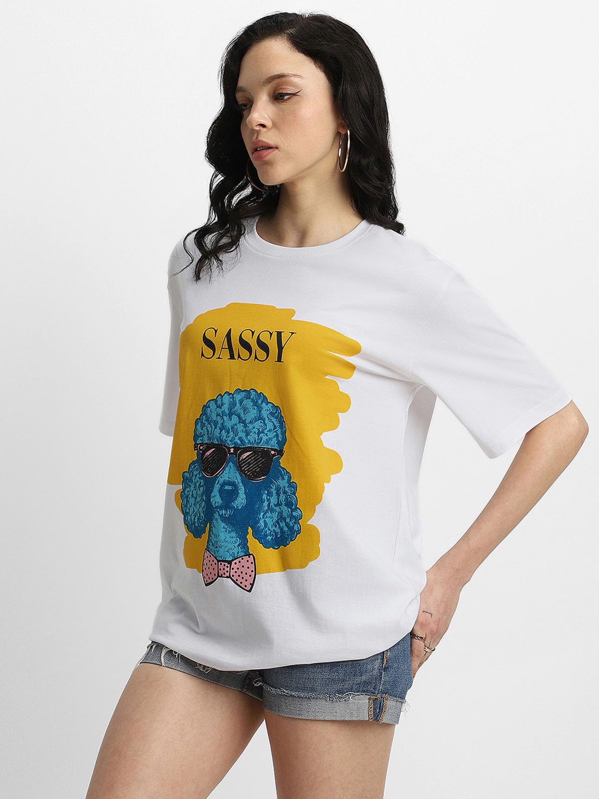 JUNEBERRY® Pure Cotton Oversized Baggy Fit Cool Sassy Graphic Printed White T-Shirt for Women (OS_J_Sassy_WT_L)