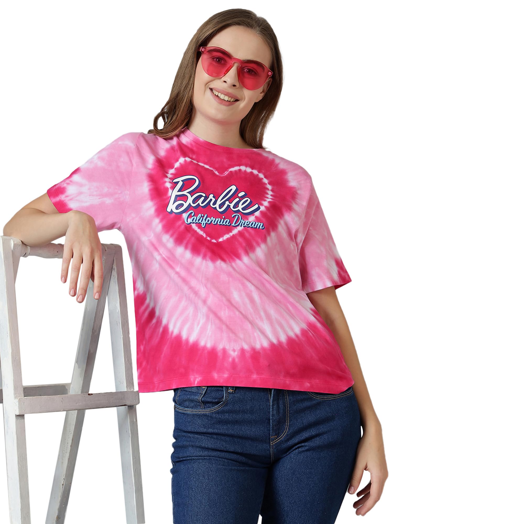 Free Authority Official Barbie Merchandise Women's Graphic Printed Pink Relaxed Fit Half Sleeve Round Neck Cotton T-Shirt