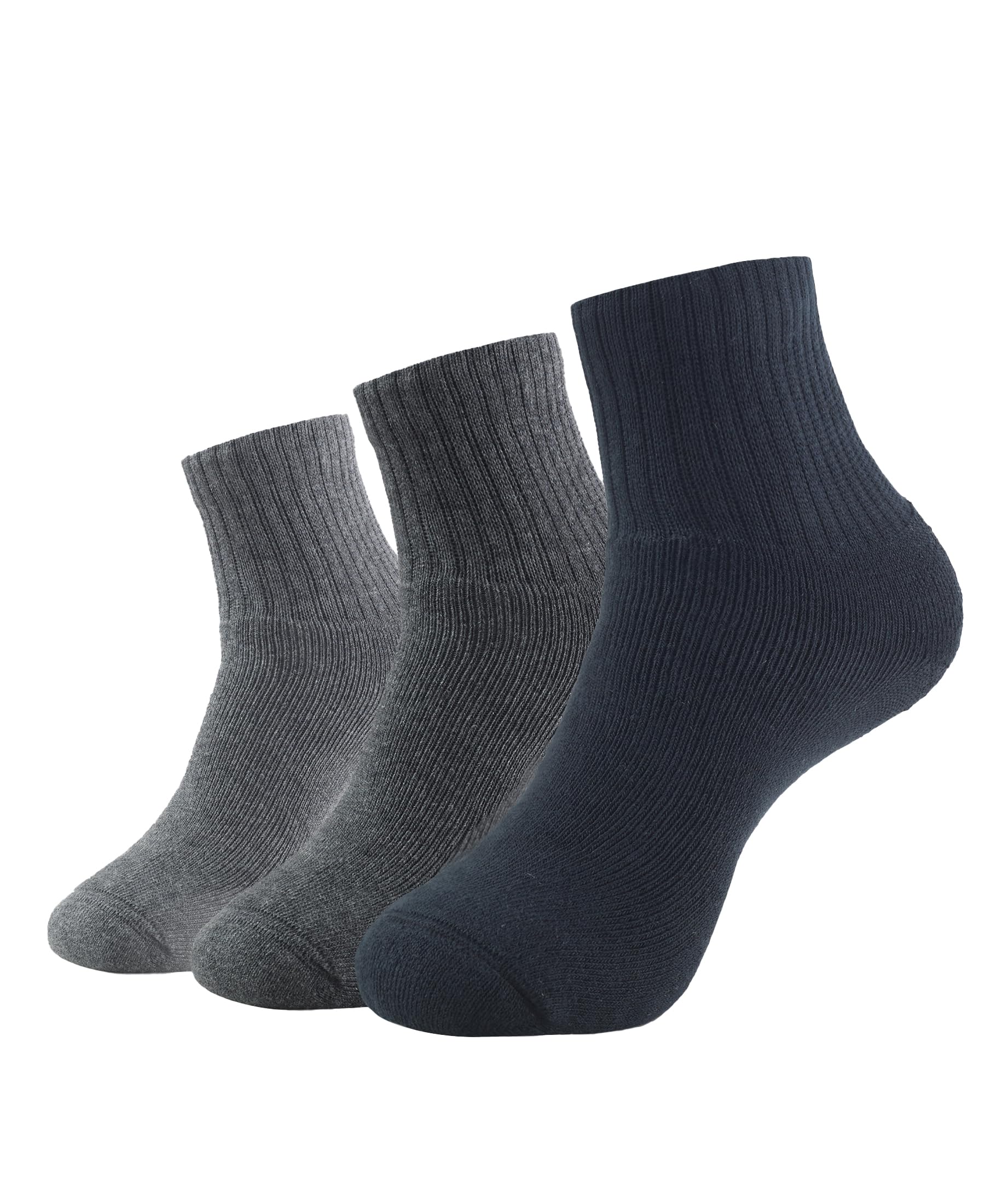 Jockey Men's Ankle Length Sports Cotton Socks (Pack of 3) 7036_Black/Midgrey Mel/Char Mel_Free Size