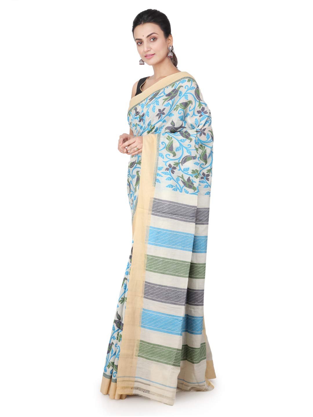 PinkLoom Women's Cotton Silk Jamdani Saree With Blouse Piece, Off White, Ghca21