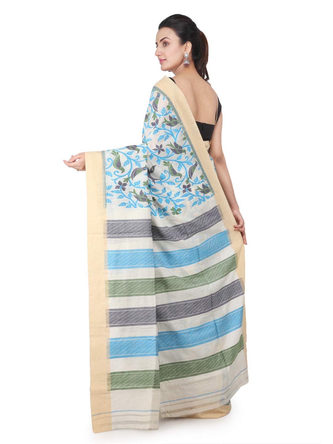 PinkLoom Women's Cotton Silk Jamdani Saree With Blouse Piece, Off White, Ghca21