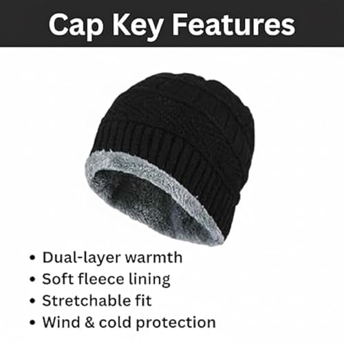 PulGos Winter Beanie Cap & Neck Warmer Set for Men & Women | Woolen Knit Hat with Fleece Lining | Warm, Stretchable, Windproof Cold-Weather Outdoor Riding, Cycling, Skiing & Travel Gear – Black & Grey