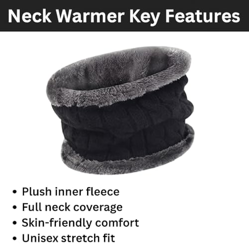 PulGos Winter Beanie Cap & Neck Warmer Set for Men & Women | Woolen Knit Hat with Fleece Lining | Warm, Stretchable, Windproof Cold-Weather Outdoor Riding, Cycling, Skiing & Travel Gear – Black & Grey