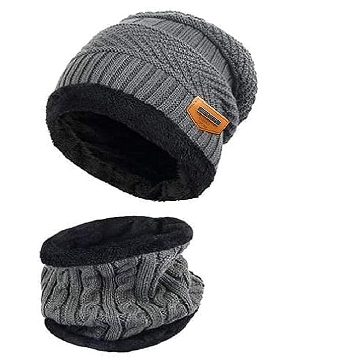 SKMP CREATION Winter Woolen Cap, Neck Warmer Scarf Woolen Beanie Cap with Fur Inside for Men and Women Grey