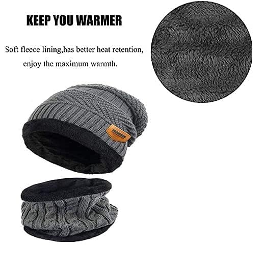 SKMP CREATION Winter Woolen Cap, Neck Warmer Scarf Woolen Beanie Cap with Fur Inside for Men and Women Grey