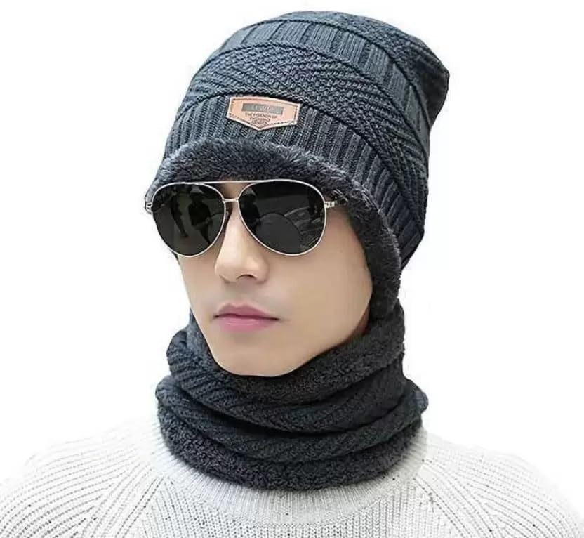 SKMP CREATION Winter Woolen Cap, Neck Warmer Scarf Woolen Beanie Cap with Fur Inside for Men and Women Grey