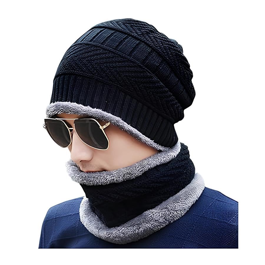 PulGos Winter Beanie Cap & Neck Warmer Set for Men & Women | Woolen Knit Hat with Fleece Lining | Warm, Stretchable, Windproof Cold-Weather Outdoor Riding, Cycling, Skiing & Travel Gear – Black & Grey