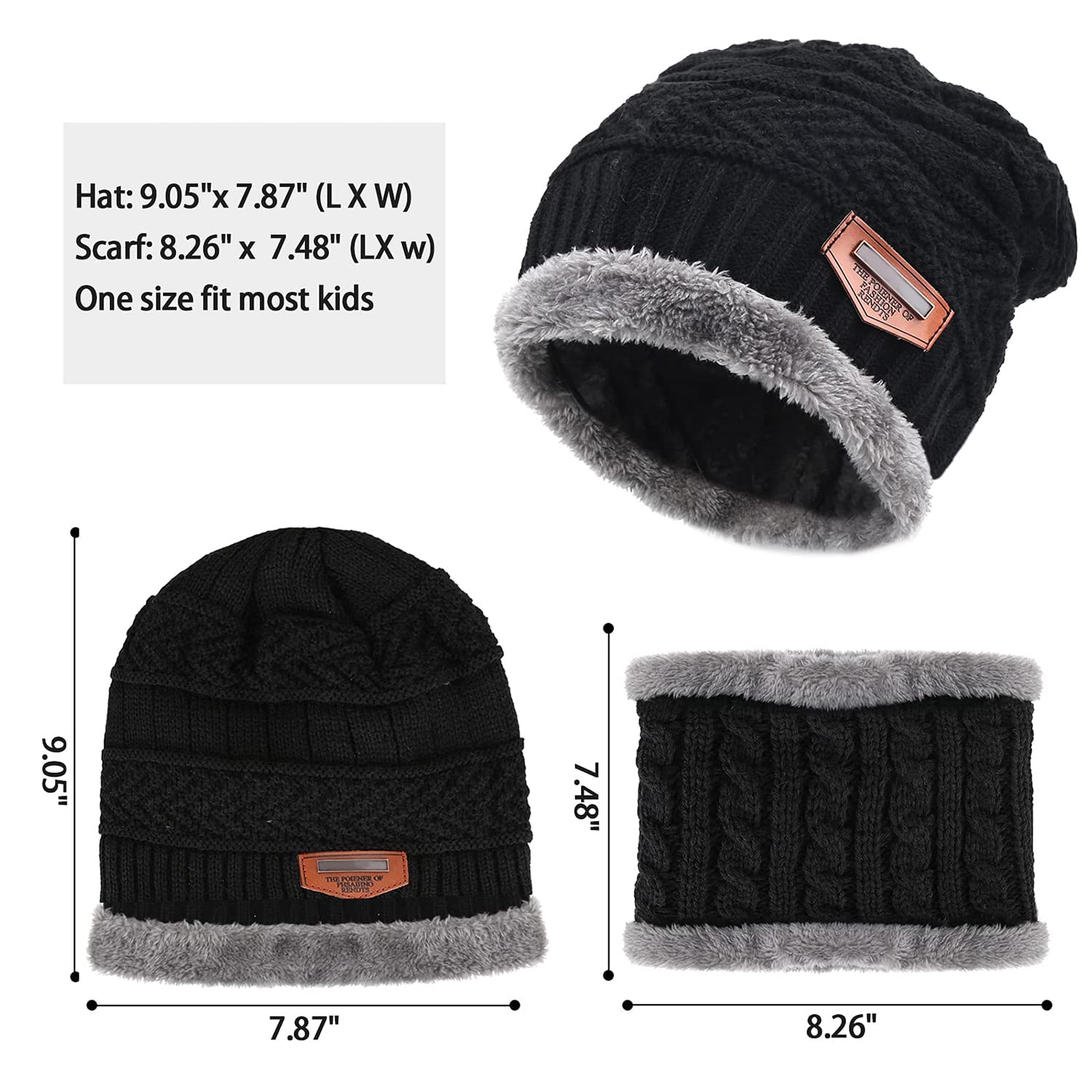 Fantastic Zone Kids Winter Beanie Hat and Scarf Set Warm Knit Beanie Cap and Circle Scarf with Fleece Lining for Kids Boys Girls, 2-Pieces Black