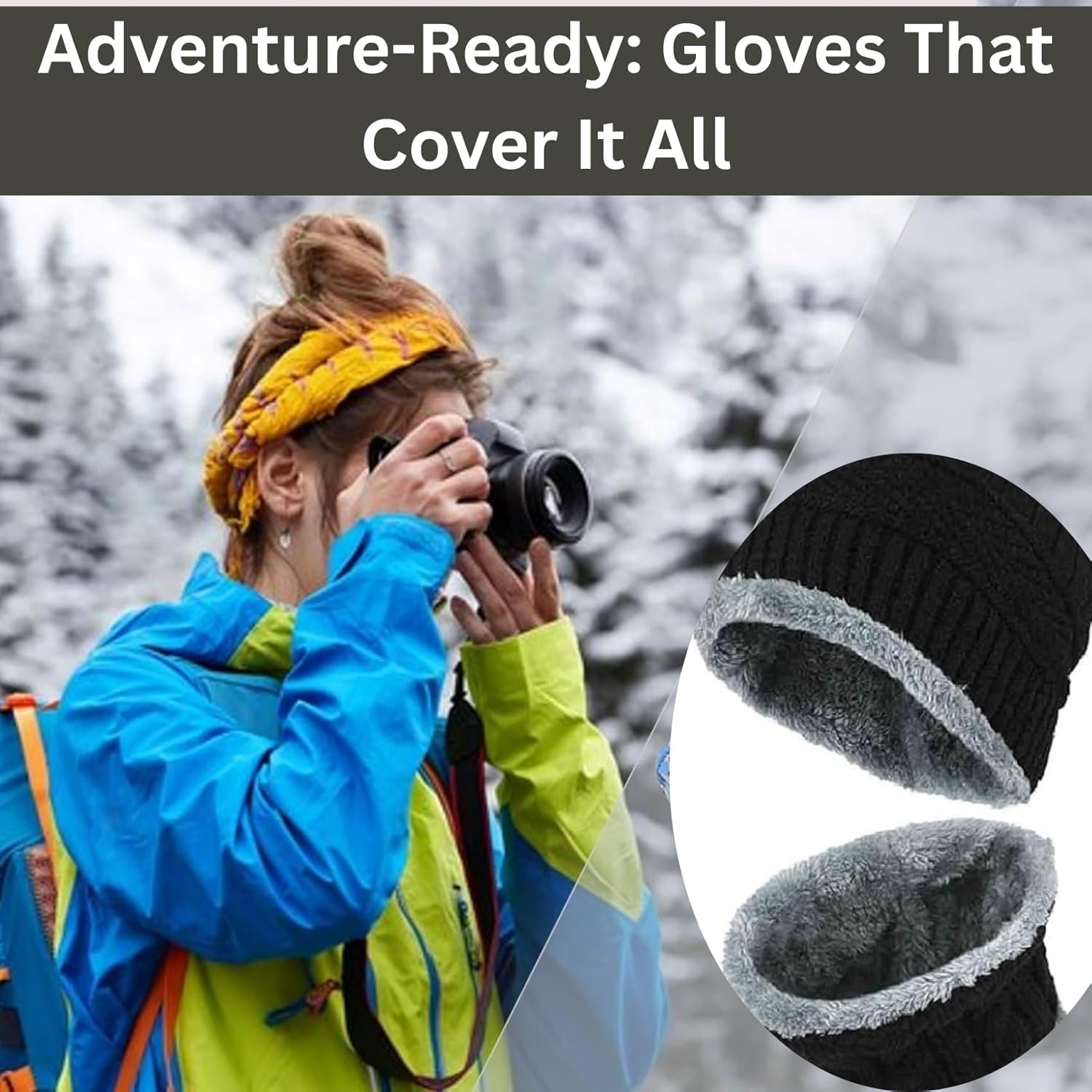 PulGos Winter Beanie Cap & Neck Warmer Set for Men & Women | Woolen Knit Hat with Fleece Lining | Warm, Stretchable, Windproof Cold-Weather Outdoor Riding, Cycling, Skiing & Travel Gear – Black & Grey