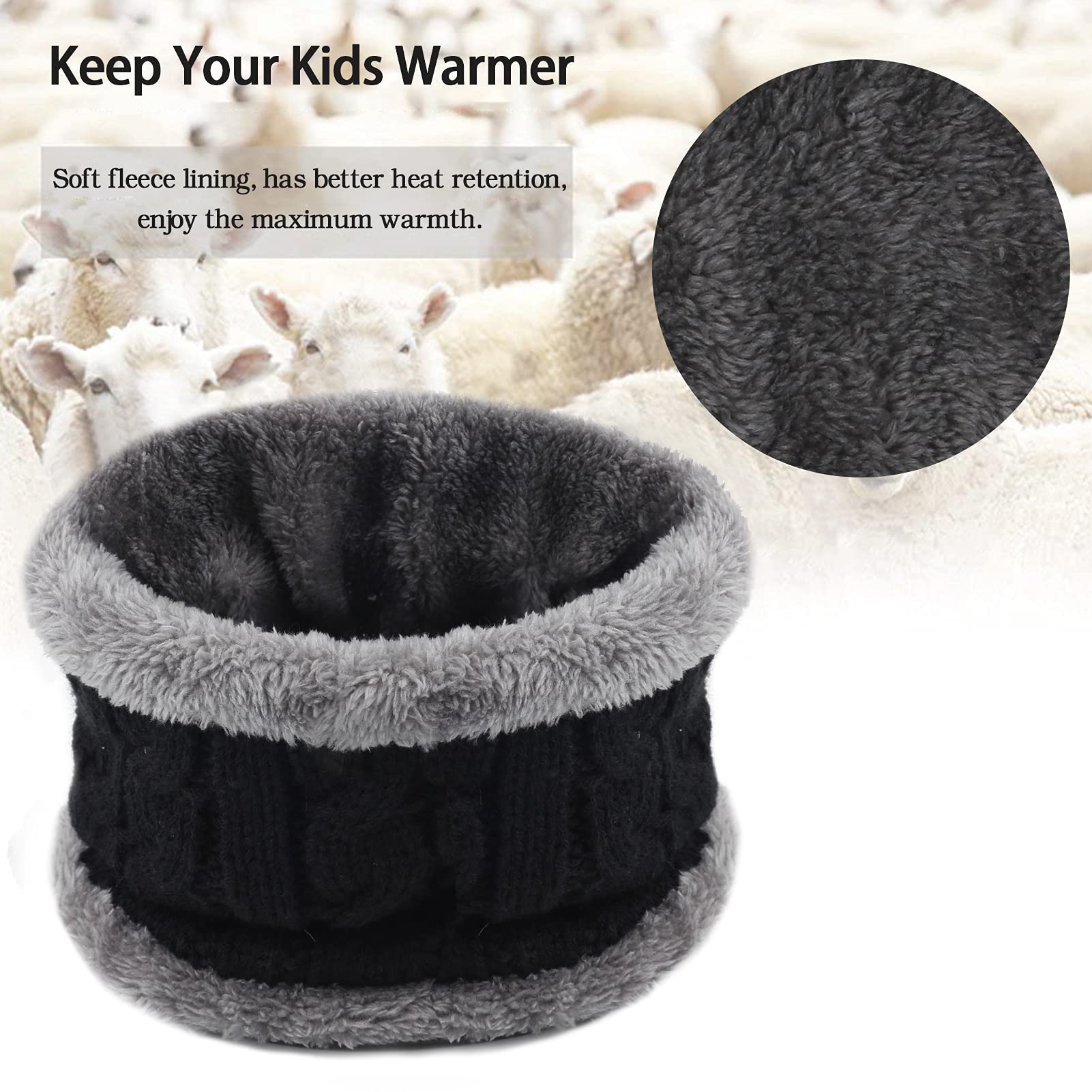 Fantastic Zone Kids Winter Beanie Hat and Scarf Set Warm Knit Beanie Cap and Circle Scarf with Fleece Lining for Kids Boys Girls, 2-Pieces Black