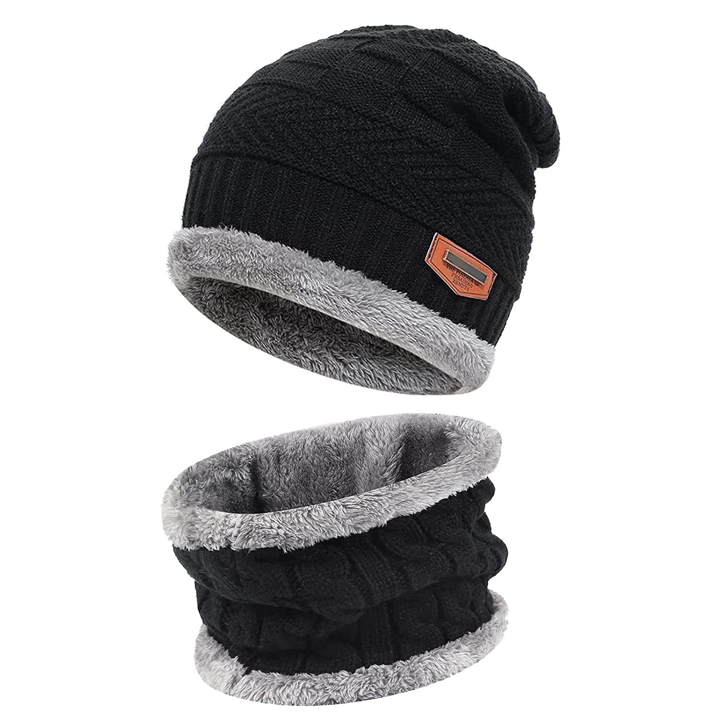 Fantastic Zone Kids Winter Beanie Hat and Scarf Set Warm Knit Beanie Cap and Circle Scarf with Fleece Lining for Kids Boys Girls, 2-Pieces Black