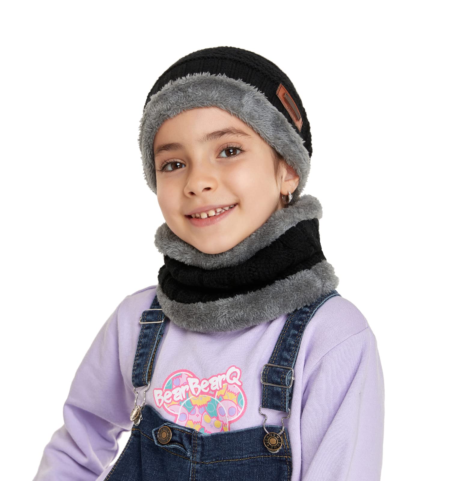 Fantastic Zone Kids Winter Beanie Hat and Scarf Set Warm Knit Beanie Cap and Circle Scarf with Fleece Lining for Kids Boys Girls, 2-Pieces Black