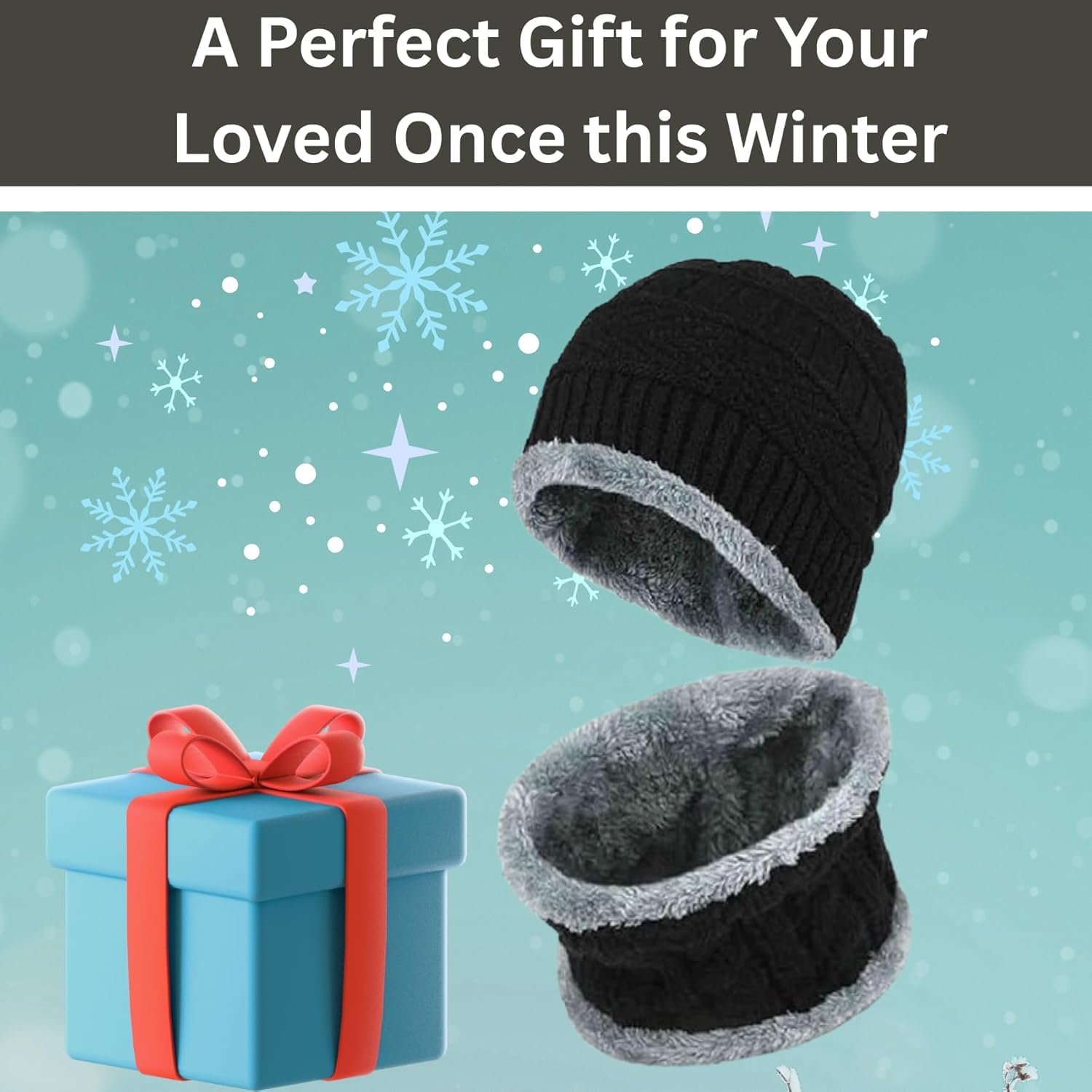 PulGos Winter Beanie Cap & Neck Warmer Set for Men & Women | Woolen Knit Hat with Fleece Lining | Warm, Stretchable, Windproof Cold-Weather Outdoor Riding, Cycling, Skiing & Travel Gear – Black & Grey