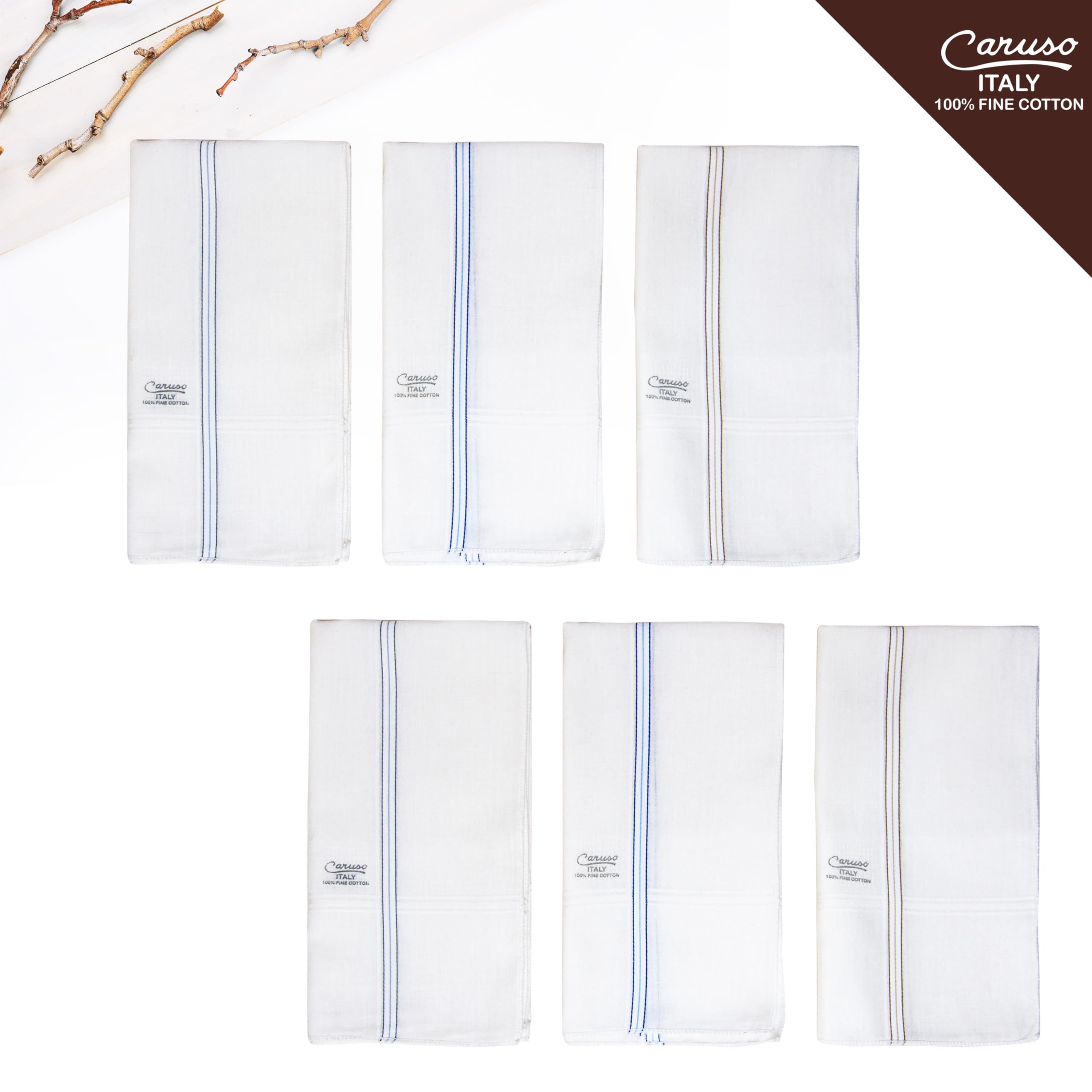 Caruso Italy White Cotton Handkerchiefs for Men | Classic Design, Soft & Durable | Pack of 6, 44x44 cm