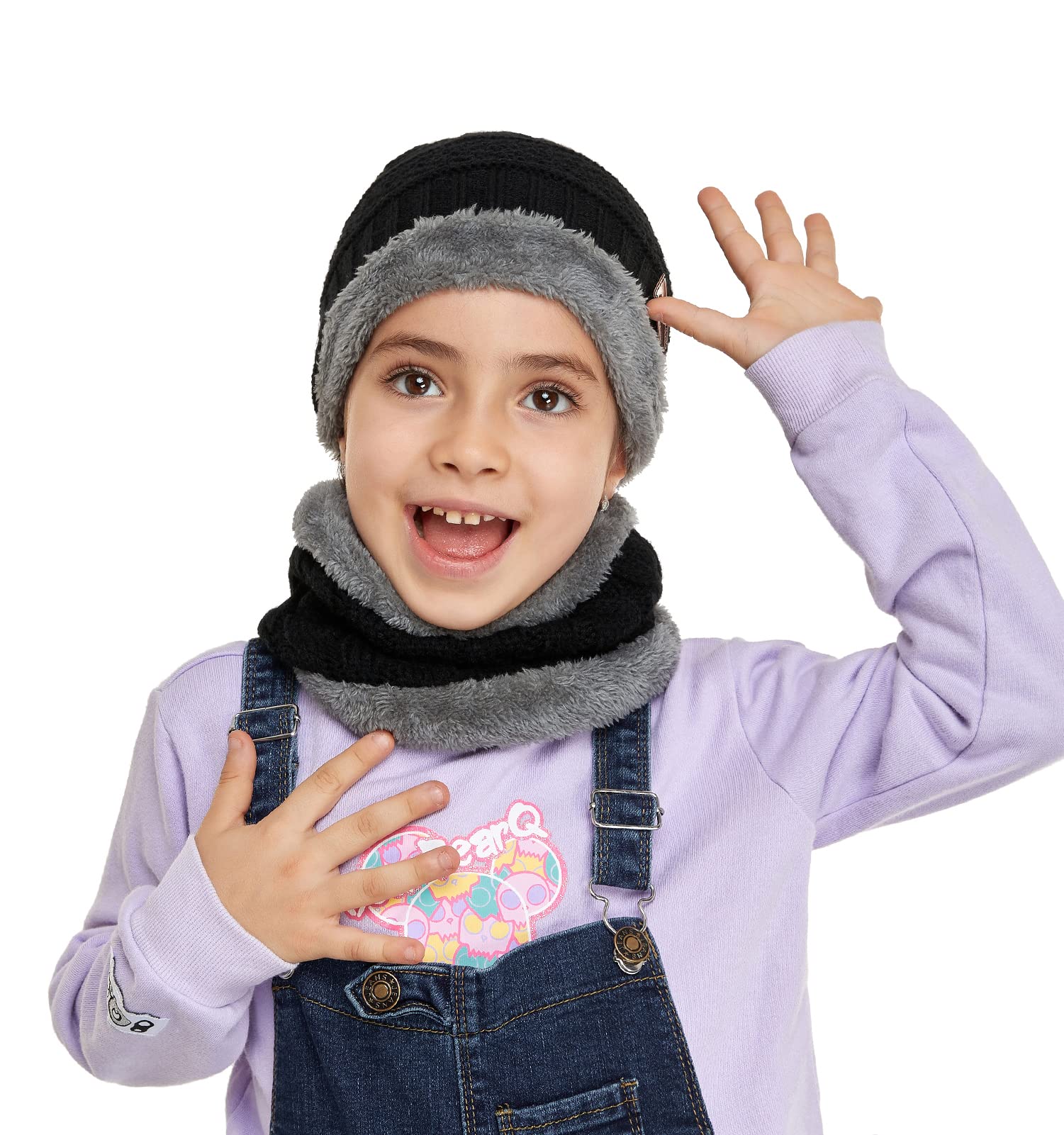 Fantastic Zone Kids Winter Beanie Hat and Scarf Set Warm Knit Beanie Cap and Circle Scarf with Fleece Lining for Kids Boys Girls, 2-Pieces Black