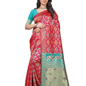 Prisha Enterprise Banarasi Silk Saree with Blouse, Red and Turquoise, Jacquard Woven, Traditional Elephant Motif Border, Wedding
