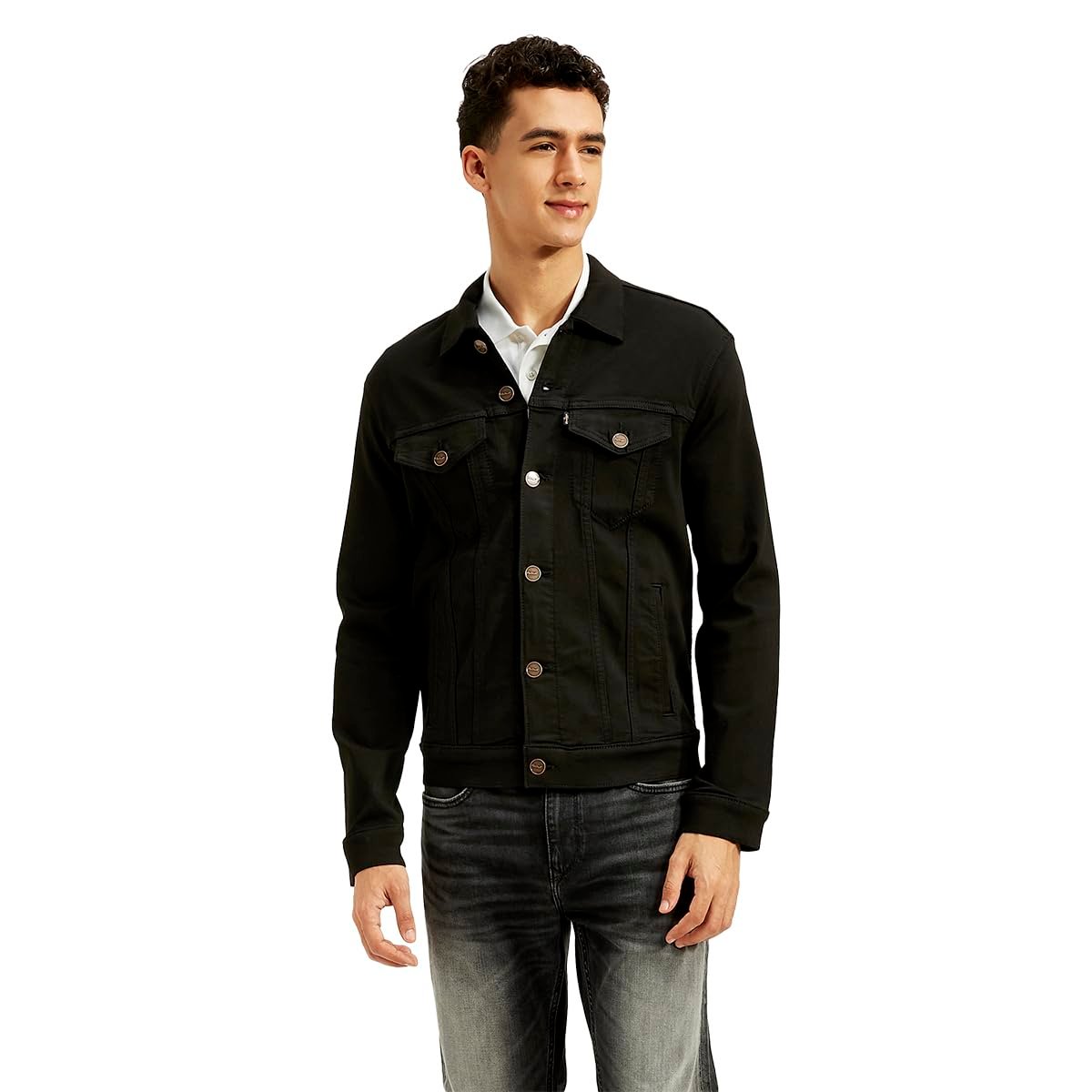 Men's Solid Black Spread Collar Jacket