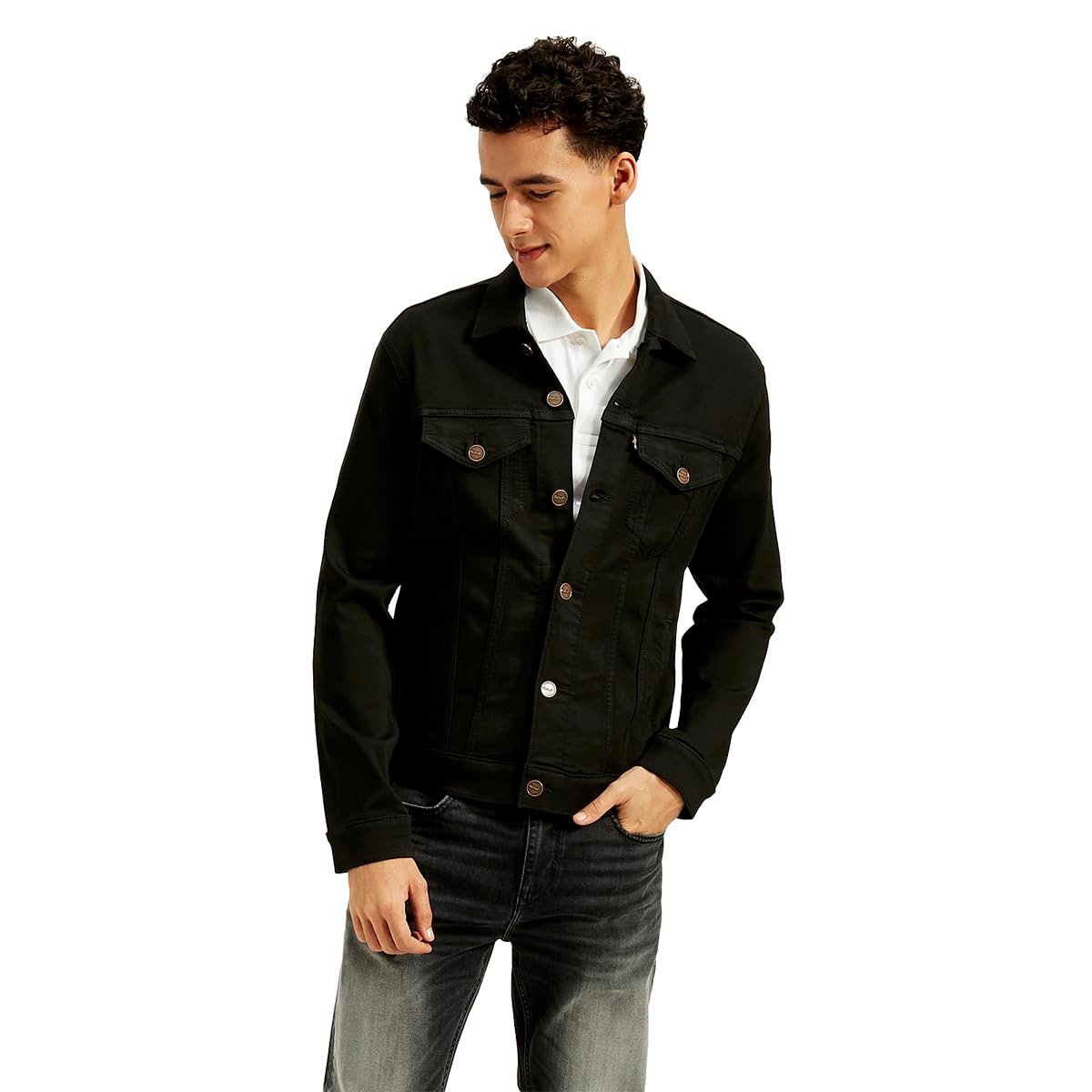 Men's Solid Black Spread Collar Jacket