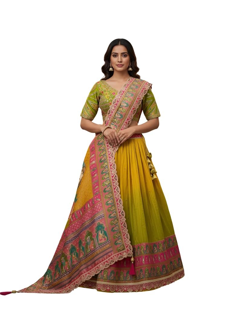 Women's Embroidered Lehenga Choli Set, Yellow and Green, with Dupatta